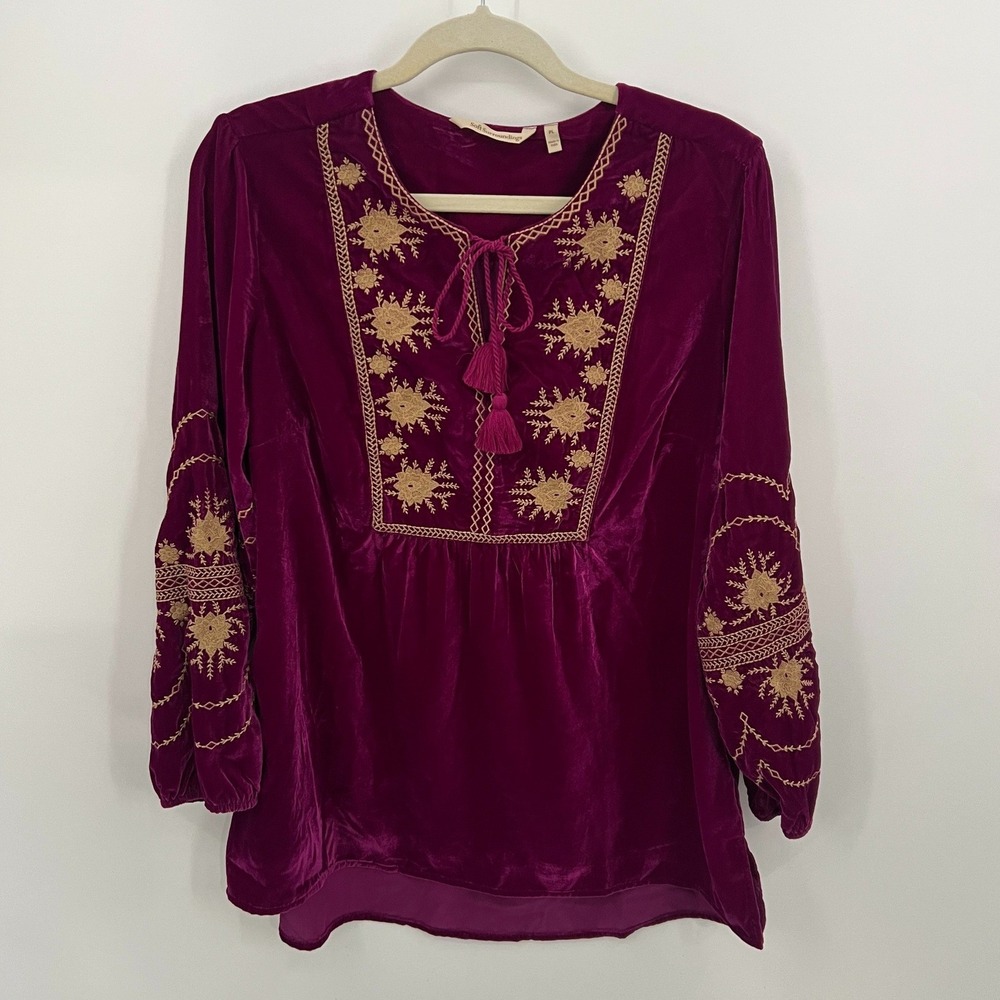 Soft Surroundings Magenta Velvet Embroidered Tassel Tunic Top Size PL
